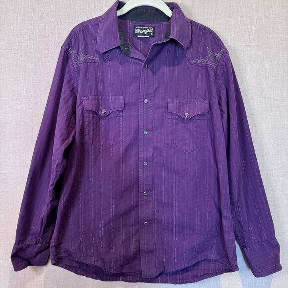 Wrangler Mens L Long Sleeve Pearl Snap Western Shirt Embroidered Purple Shimmer - Picture 1 of 5